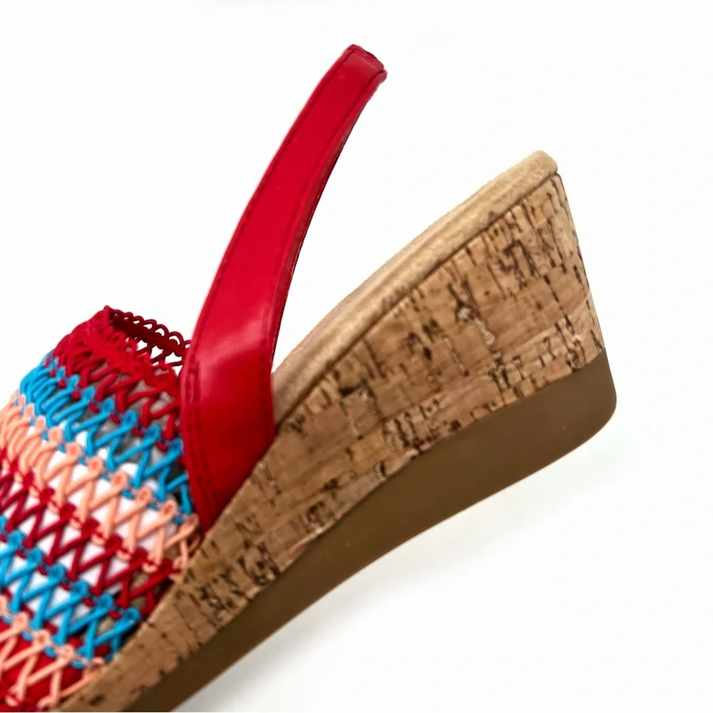Karen Scott Meriamm Macrame Cork Slingback Wedge Sandals Red Stripe Size 8